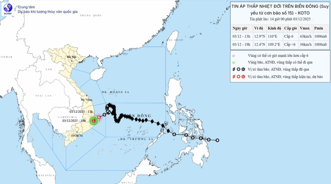 Dự báo trong 12 giờ tới, áp thấp nhiệt đới di chuyển theo hướng Tây Nam-2385-1
