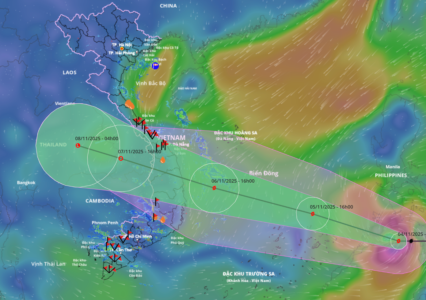 Dự báo về đường đi và vùng ảnh hưởng của bão Kalmaegi.