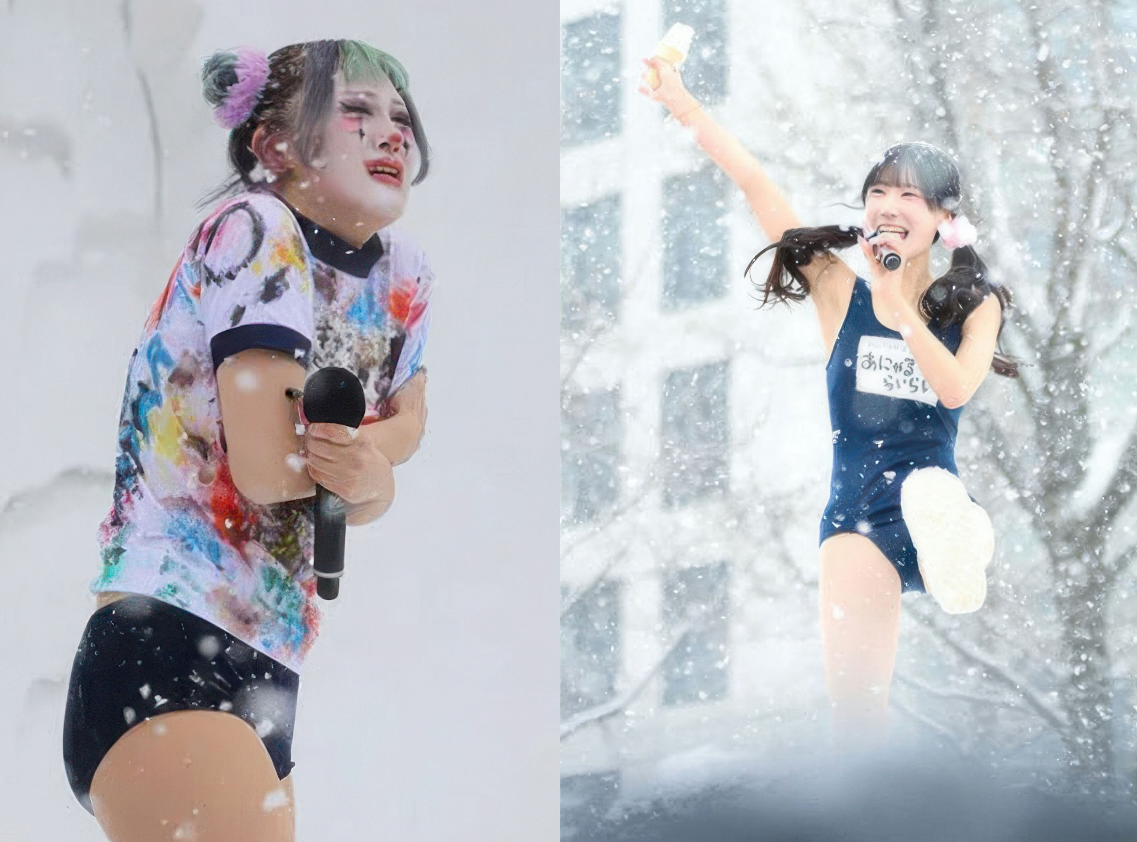 Thành viên Anaru Rairai mặc đồ bơi khi diễn dưới tuyết.