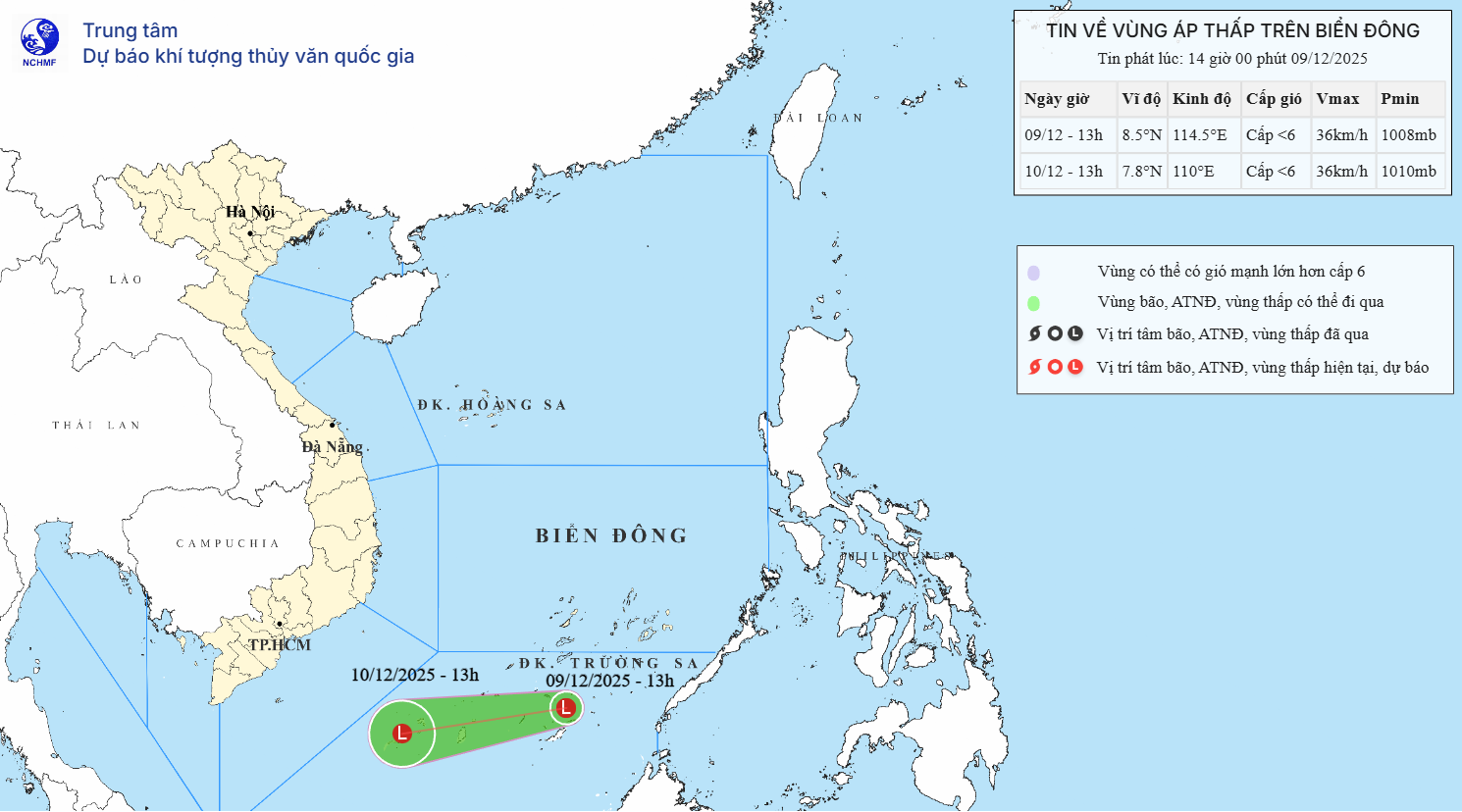 Vị trí vùng áp thấp trên Biển Đông